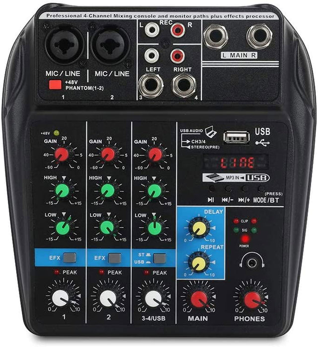 4-channel audio mixing console with MIC/LINE inputs, USB audio section, and headphones jack