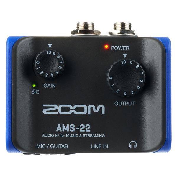 AMS-22 audio interface front view, gain and output knobs with POWER indicator