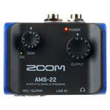 AMS-22 audio interface front view, gain and output knobs with POWER indicator