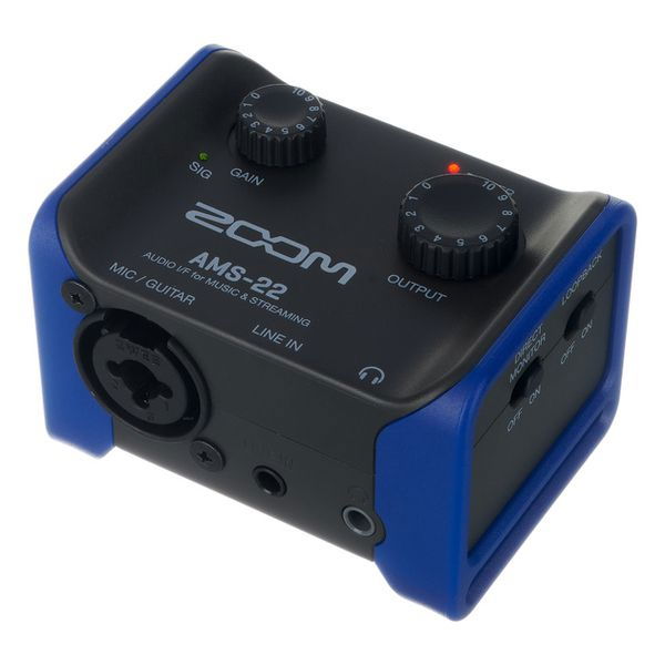 AMS-22 audio interface with XLR-style connectors and blue/black housing