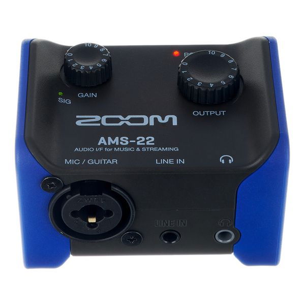 AMS-22 audio interface rear panel with gain/output knobs and XLR connector area