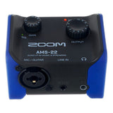 AMS-22 audio interface rear panel with gain/output knobs and XLR connector area