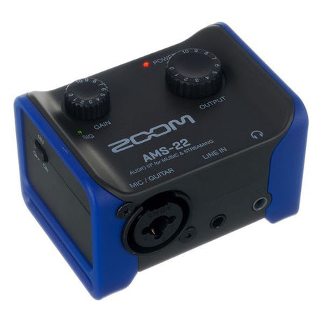 AMS-22 audio interface angled view with MIC/GUITAR and LINE IN labels
