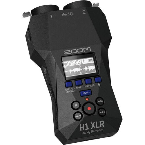 H1 XLR portable audio recorder with LCD, input 1/2 labels, and control buttons