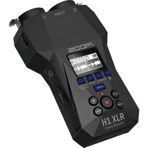 H1 XLR handheld recorder angled view with LCD display and mixer/marker controls