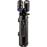 Side view of handheld audio recorder with dual microphones and USB/audio port area