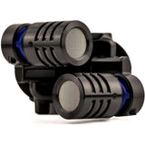 Close-up of dual microphone heads on handheld audio recorder with blue accents