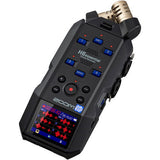 H6essential handheld recorder with screen displaying waveform, top mic capsule attached