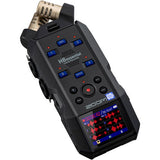H6essential audio recorder angled view, LCD shows waveform and recording controls