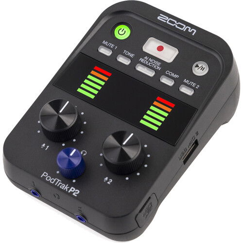PodTrak P2 portable dual-input audio recorder with LCD meters, mute and tone controls