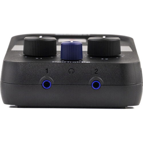 PodTrak P2 top view with three knobs and two blue input/monitor connectors
