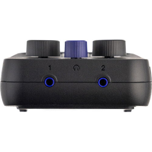 PodTrak P2 side view with labeled 1 and 2 channels, blue buttons, and three knobs