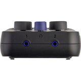 PodTrak P2 side view with labeled 1 and 2 channels, blue buttons, and three knobs
