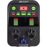 PodTrak P2 dual-input recorder front panel with AI noise reduction, comp, and two volume knobs
