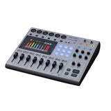 PodTrak P8 mixer front view with OLED screen, backlit pads, and input knobs