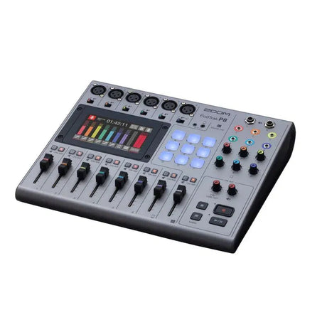 PodTrak P8 mixer front view with OLED screen, backlit pads, and input knobs