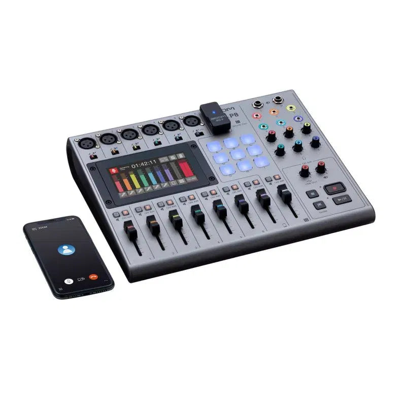 PodTrak P8 audio mixer with fader controls and paired mobile device