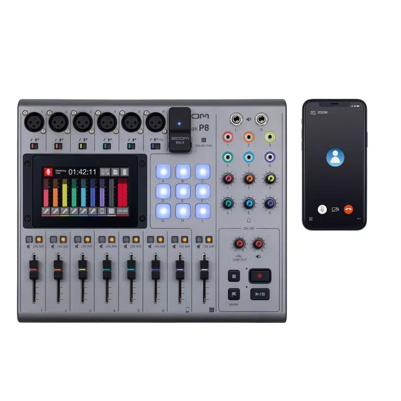 PodTrak P8 mixer with smartphone display showing app screen for recording/monitoring