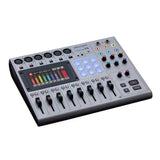 ZOOM PodTrak P8 audio podcast mixer with faders, meters, and illuminated buttons
