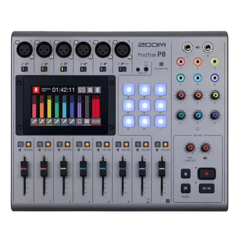 PodTrak P8 rear panel view with multiple XLR ports and colorful audio jacks