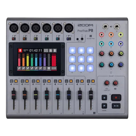 PodTrak P8 rear panel view with multiple XLR ports and colorful audio jacks