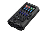 Side view of Zoom R4 MultiTrak with LCD display and blue channel faders