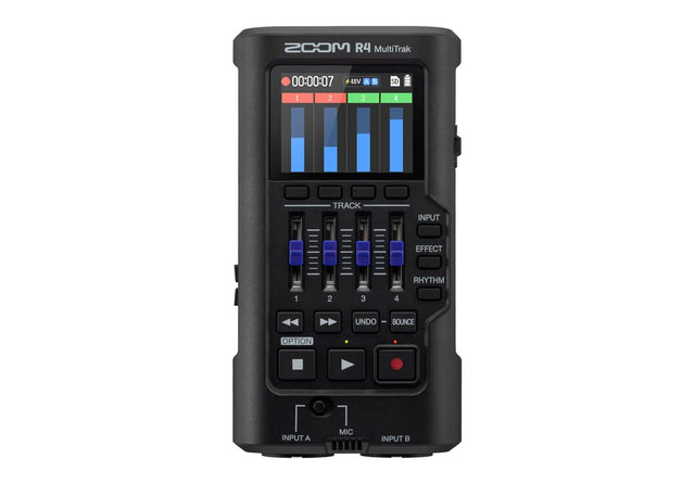Four-channel audio recorder with track screen and control buttons