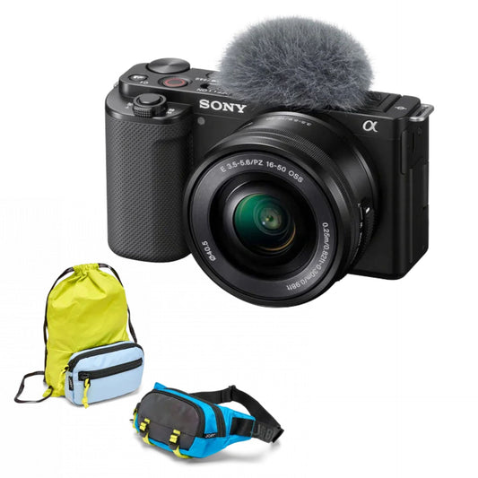 Mirrorless 4K camera kit with 16–50mm lens, foam microphone, and carrying bags