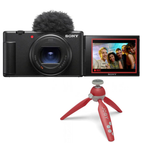 Aparat foto compact Sony negru cu ecran rabatabil și parbriz microfon pufos
