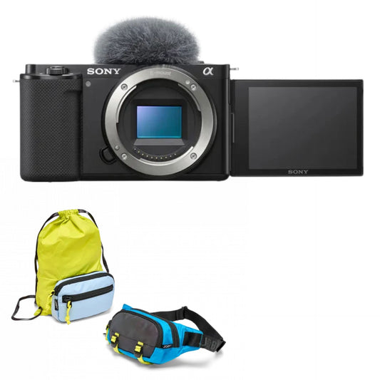 Aparat foto Sony Alpha ZV-E10 cu microfon, ecran, husă verde și borsetă albastră