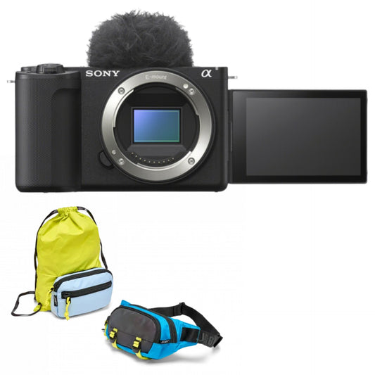 Aparat foto mirrorless Sony negru cu ecran rabatabil și microfon paravânt, plus geantă