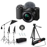 Kit foto-video: cameră Sony cu microfon pufoi, trepied, lumini și softboxuri
