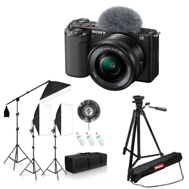 Kit foto-video: cameră Sony cu microfon pufoi, trepied, lumini și softboxuri