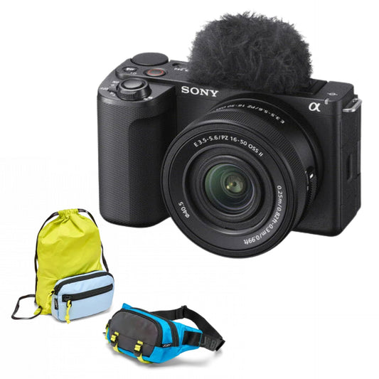 Mirrorless camera with 16-50mm lens, built-in microphone, plus yellow and blue carrying cases